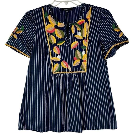 Madewell Fable Floral Striped Embroidery Short Sleeve Blouse Small - Picture 1 of 9